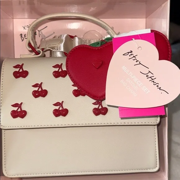 Betsey Johnson Cherry Mini Bag and Cherry Bag Charm Gift Set Cream and Red - Picture 1 of 8